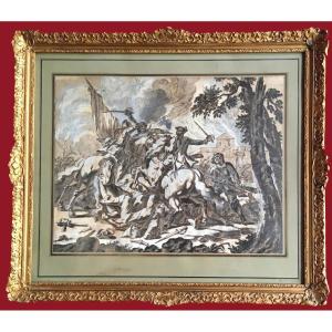 Parrocel Charles (1688-1752) "cavalry Shock" Drawing/pen, Brown Wash, Gouache,provenance, Frame