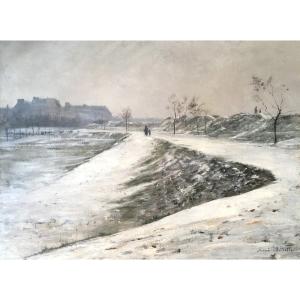 Billotte René (1846-1914) "snow Landscape Around Paris" Oil/canvas, Signed, 19th Century Frame