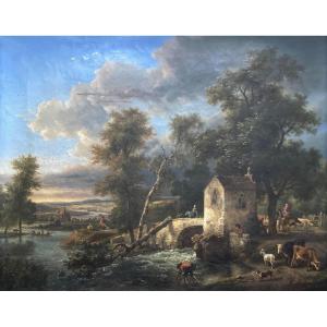 De Marne Jean-louis (1752-1829) Attr. To "animated Landscape" Oil/canvas, Beautiful Original Frame 1800