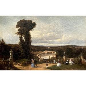 French School Circa 1830 "view Of The Parc De Saint-cloud" Oil On Canvas