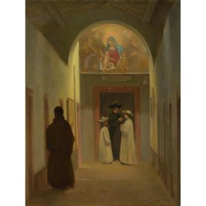 Leleux Armand (1818-1895) Student Of Ingres "interior Of A Convent" Oil/panel, Signed And Located