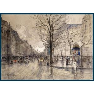 GARAT Francis (Né en 1853) 19e siècle "Boulevard de Paris" Dessin/Aquarelle,crayon noir, signé