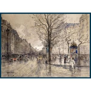 Garat Francis (born In 1853) 19th Century "boulevard De Paris" Drawing/watercolor, Black Pencil, Signed