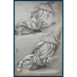French School Late 17th-early 18th "study Of Draperies" Drawing/black Chalk And White Chalk