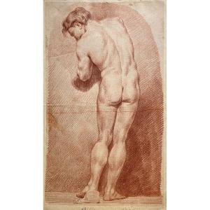 Houdon Jean-antoine (1741-1828) "academy Of Man" Drawing/red Pencil, Signed, Dated & Annotated