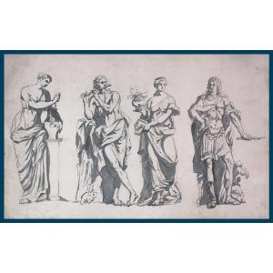 French School 17th Century "study Of Sculptures" Pen And Gray Wash Drawing