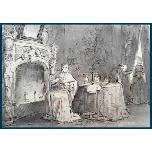 GRANET François Marius (1775-1849) "Un prélat dans son intérieur" Dessin, Plume et lavis gris