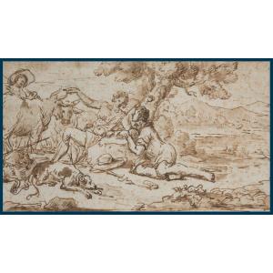 ECOLE ITALIENNE 17E SIECLE" Bergers et leur troupeau" Dessin/Pierre noire, plume et lavis brun