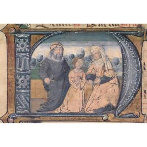 French School 15th Century "the Virgin, Saint Anne And Saint Joachim" Illumination, Gouache/velum