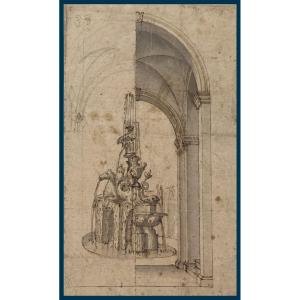 Italian School 17th Century "architecture And Fantasy" Drawing/pen And Gray Wash