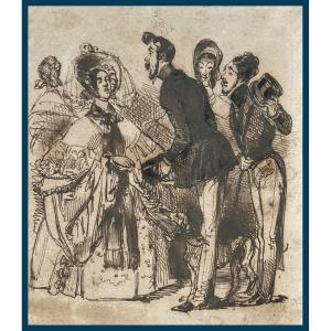 GERARD Jean Ignace Isidore (1803-1847) Dit GRANDVILLE "Personnages" Dessin/Plume, lavis, Cachet