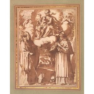 Italian School Circa 1600 "the Virgin And Child Surrounded By Saints" Drawing/pen And Brown Wash