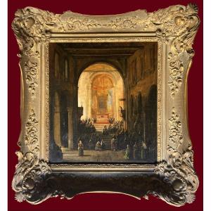 GRANET François-Marius (1775-1849) "Intérieur d'une église" Huile/toile, signé, Cadre début 19e