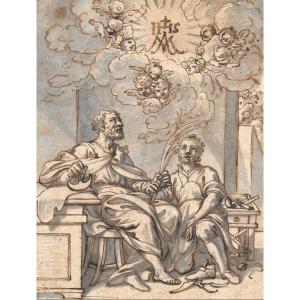 Italian School 17th Century "crépin And Crépinien Saints Martyrs Patrons Of The Shoemakers" Pen And Gray Wash Drawing