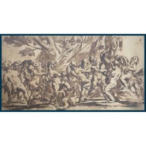 Beinaschi Giovanni Battista (1636-1688) "cherubs" Drawing With Pen And Brown Wash