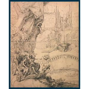 French School Late 17th Century "mythological Scene" Pen Drawing On Its Old Mount