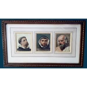 Bonnefond Claude (1796-1860) "st Francis Of Assisi, St Bruno & St Jerome" Oil/paper, 19th Frame
