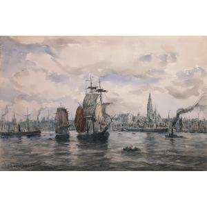 BOGGS Frank Myers (1855-1926) "Vue d'Anvers" Dessin/Aquarelle et crayon noir, signé