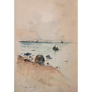 Casile Alfred (1848-1909) "shore, Boat And Characters" Watercolor, Signed