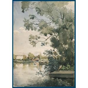 Guigné Alexis-Eugène, Elève de Jules NOEL, Né en 1839 "Le lac d'Enghien" Aquarelle,Signé, situé