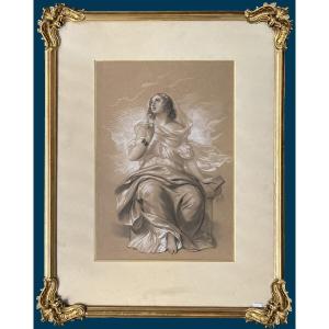 DEVÉRIA Achille (1800-1857) "Femme assise drapée" Dessin au crayon noir et craie blanche, signé
