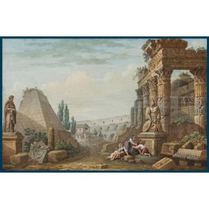 Clerisseau Charles Louis (1721-1820) "characters, Ancient Ruins & Pyramid" Gouache, 18th Century Frame