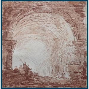 Robert Hubert (1733-1808) "characters Under A Vault" Red Chalk Drawing, Provenance, Frame