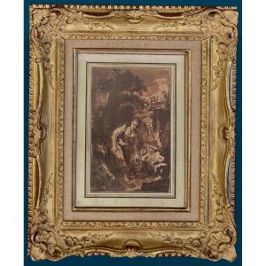 Boucher François (1703-1770) "characters And Dog" Brown Wash Drawing, Provenance, Frame