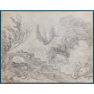 ROBERT Hubert (1733-1808)"Personnages dans un jardin" Dessin/Pierre noire, Provenance,Cadre 18e