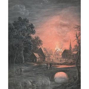 AGRICOLA Christoph Ludwig (1665-1719) "Incendie au village" Gouache sur vélin, Cadre du 19e