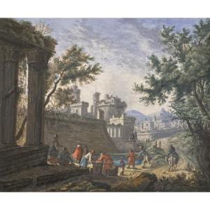 Perelle Gabriel-nicolas (1604-1677) Attr.to “ancient Ruins, Characters” Drawing/watercolor, Gouache