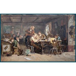 French School 19th Century "the Classroom" Drawing In Pen And Gouache, Monogrammed