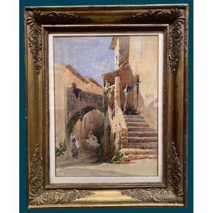 Papety Dominique (1815-1849) "house And Alley In The South Of France" Watercolor, Signed, Dated
