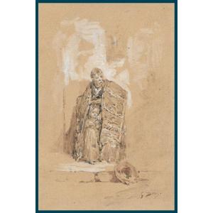 Doré Gustave (1832-1883) "Mendiant et petite fille" Dessin/lavis gris,Signé,Mendiants de Burgos