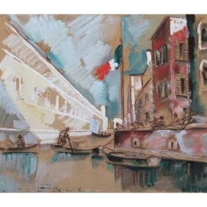 WAROQUIER DE Henry (1881-1970) "Mur de l'Arsenal à Venise" Grand Dessin/Crayon noir, gouache, Signé