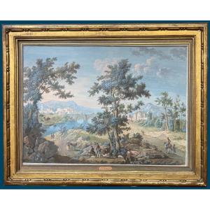 Doumet Zacharie Félix (born In 1761) "animated Landscape" Gouache, Period Frame Late 18th