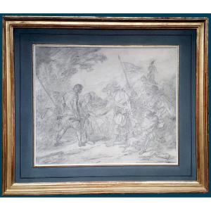 Vincent François André (1746-1816) "henri IV & Sully Wounded" Drawing In Black Chalk, 19th Century Frame