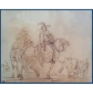 PALMIERI Pietro (1737-1804)"Cavaliers & chevaux"Dessin/Plume,lavis brun,Provenance/Cachet,Signé
