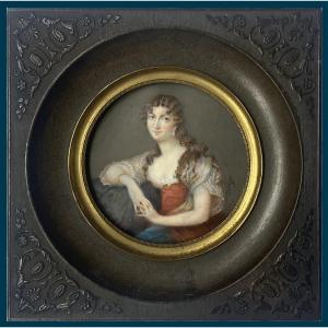 BERJON Antoine (1754-1843)Attrib à "Portrait de femme" Miniature,Gouache/vélin,Signé,Provenance