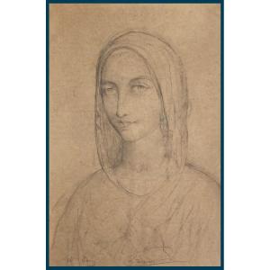 Janmot Louis (1814-1892), Pupil Of Ingres "head Of A Holy Woman" Drawing In Black Pencil,signed