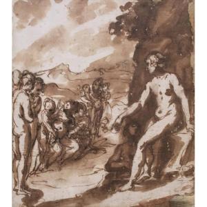 ECOLE ITALIENNE 16E FLORENCE "Diane et Callisto" Dessin, Plume et lavis brun, Cadre du 19e