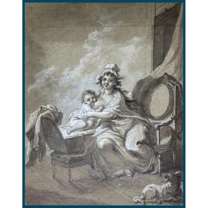 French School 18th Century "the Child At The Breast" Drawing In Gray Wash And Gouache, Provenance, Stamp