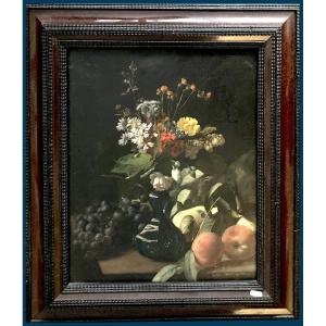SCOHY Jean (1824-1897) "Fleurs des champs et fruits" Huile sur toile, Signé, Cadre hollandais