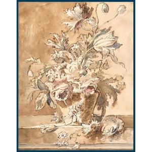 Dutch School Late 17th Century "bouquet Of Flowers" Drawing In Pen, Wash And Watercolor