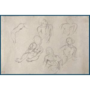 DELACROIX Eugène(1798-1863)"Etude de figures,torses & bras"Dessin/Crayon noir,Cachet,Beau cadre