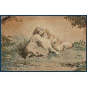 KWIATKOWSKI Teofil (1809-1891) Ecole Polonaise "Jeune fille avec chien" Dessin/Aquarelle, signé