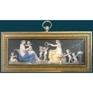 SAUVAGE Piat Joseph (1744-1818) "Deux femmes et Amours" Gouache, Signé, Cadre d'origine fin 18e