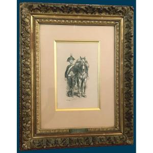 DETAILLE Edouard (1848-1912) "Chasseur à cheval français 1789"Dessin/Plume,Lavis,gouache, Signé