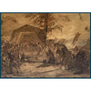 GRANET François-Marius (1775-1849) "La mort de Saint Louis" Dessin/Plume,lavis brun & aquarelle