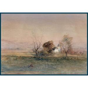 RAVIER François-Auguste (1814-1895) "Paysage à Morestel" Aquarelle, Signé